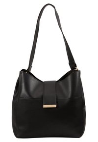 Czarna skórzana torebka o fakturowanej powierzchni, o usztywnionym kształcie, z pojedynczym regulowanym paskiem na ramię oraz centralnym magnetycznym zapięciem na klapę.