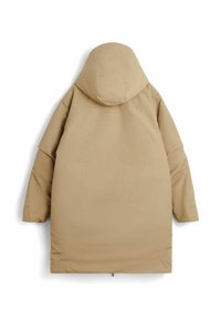 Beige huva parka med en jämn, texturerad yta, som har en rak snitt, oversized ärmar och en dragsko vid fållen.