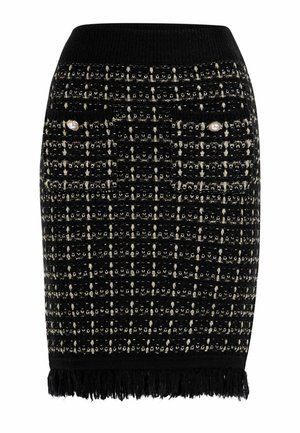 Black and gold tweed pencil skirt with a ribbed waistband, two decorative pockets featuring a pearl-like accent, and fringe hem detail.