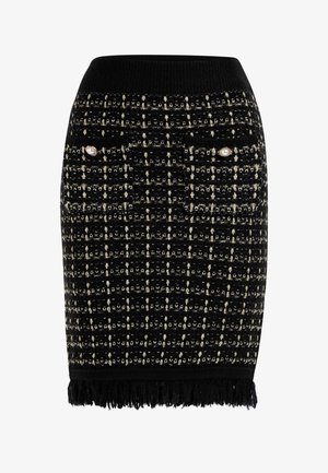 Čierna a zlatá tweedová ceruzková sukňa s rebrovaným pásom, dvoma dekoratívnymi vreckami s perlovým akcentom a detailom na okraji s frnžou.