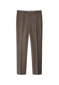 Pantalon tailleur marron à fines rayures, avec poches latérales, passants pour ceinture et fermeture par bouton à la taille, présenté sur fond blanc.