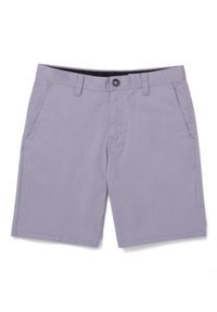 Hellblaue Shorts aus Baumwolle. Mit Knopfverschluss, Gürtelschlaufen und zwei Fronttaschen. Glatte Textur, knielange Ausführung.