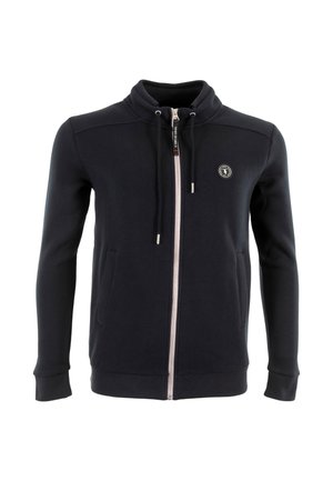 Sudadera con cremallera en color navy, hecha de tela suave, con un alto cuello, dos bolsillos frontales, puños acanalados y un parche con el logo en el pecho.