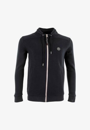 Sweatshirt zippé marine, en tissu doux, avec un col haut, deux poches avant, des poignets côtelés et un écusson logo sur la poitrine.