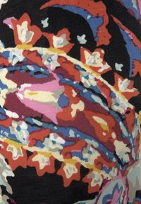 Veelkleurige stof met een bloemen- en abstract patroon met kronkels in rood, roze, blauw en crème op een zwarte achtergrond. Gestructureerde afwerking.