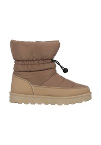 Braune, gepolsterte Knöchelstiefel mit einer strukturierten Oberseite, die oben elastische Raffung aufweist und eine robuste beigefarbene Sohle mit einem genoppten Muster hat.