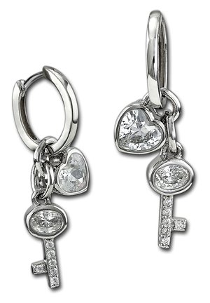 Silver hoop earrings feature heart and key charms, adorned with clear sparkling stones. The design includes multiple linked elements.