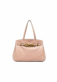 Borsa tote in pelle rosa chiaro con una forma strutturata e due manici a spalla. Presenta minuteria in tonalità oro e un dettaglio a catena decorativa.