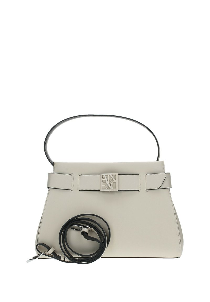 Borsa a mano rigida in pelle grigia con tracolla nera, caratterizzata da una chiusura a logo prominente e design piatto e rettangolare.