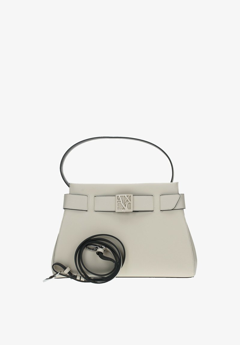 Borsa a mano rigida in pelle grigia con tracolla nera, caratterizzata da una chiusura a logo prominente e design piatto e rettangolare.