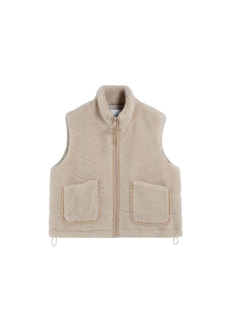 Chaleco sin mangas de forro polar beige con cuello alto, cremallera frontal, dos bolsillos frontales y cordones en el dobladillo.