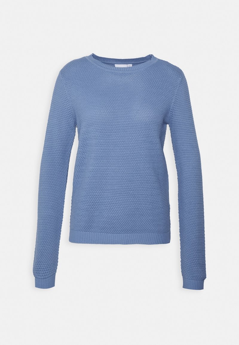 Pull tricoté bleu clair à manches longues, col rond, avec un motif texturé sur tout le tissu.