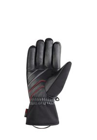 Guantes negros con palma de cuero, parte posterior de tela y costuras rojas. Presentan un puño con elástico y un agarre texturizado en la palma.