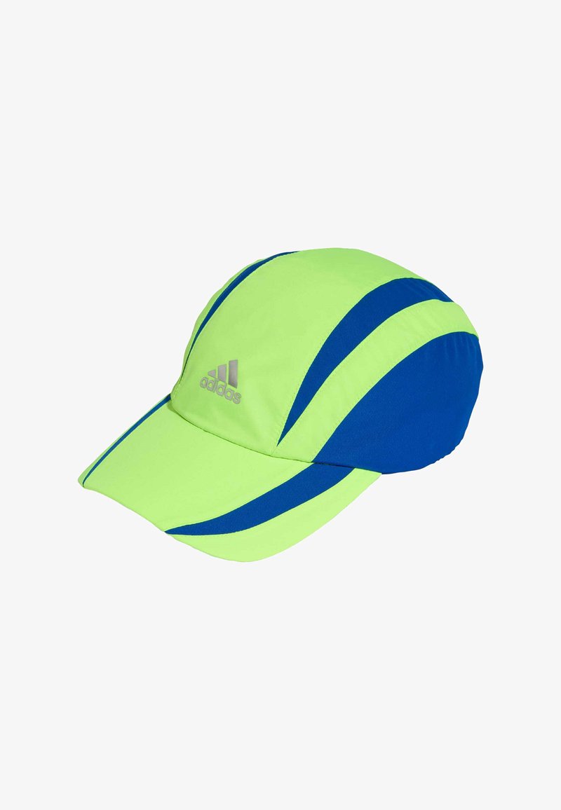 Gorra Adidas en verde neón con detalles azules. Tejido suave, visera curvada y detalle del logo en la parte frontal. Diseño aerodinámico.