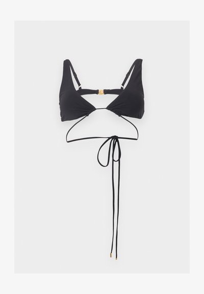 Μαύρο μπικίνι τοπ με ρυθμιζόμενους ιμάντες ώμου, κούμπωμα στην πλάτη και μακριά κορδόνια με χρυσά άκρα.