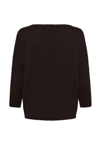 Pull en maille brun foncé à manches longues avec un large décolleté et des poignets côtelés, vu de dos sur un fond blanc.