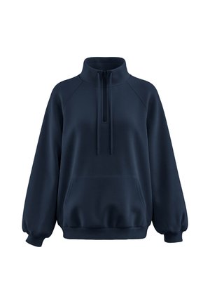 Marineblauer Pullover-Sweatshirt mit halbem Reißverschlusskragen, Kängurutasche vorne, langen Ballonärmeln und gerippten Bündchen und Saum.