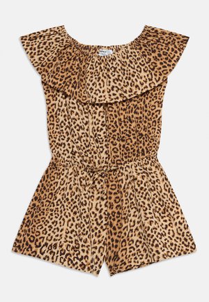 Leopardprint off-shoulder romper met gerimpelde halslijn, korte mouwen, elastische taille en verstelbare strikceintuur.