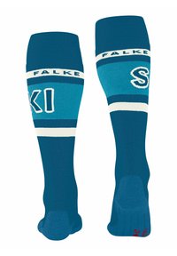 Knielange Skisocken in Türkis und Blau mit weißen Streifen und Logos. Hergestellt aus einem weichen, dehnbaren Material mit strukturierter Fußsohle.