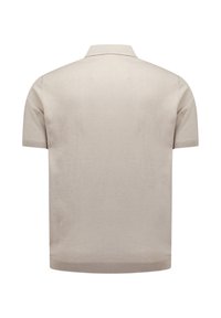 Beige polo shirt met korte mouwen, subtiele textuur, opstaande kraag en ribbelzoom. Eenvoudig design, geschikt voor casual of semi-formele gelegenheden.