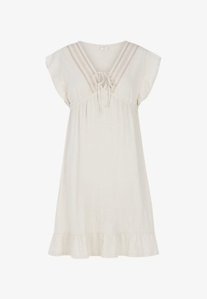 Kratka haljina s kratkim rukavima u boji kreme s V-izrezom i vezicom, koja sadrži tkanu dekorativnu detalj i ruffled rub na dnu.