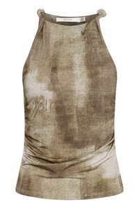 Top senza maniche a fantasia marrone con design aderente, caratterizzato da dettagli arricciati e accenti annodati sulle spalle in un tessuto morbido.