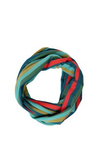 Multi-striped circular scarf in teal, red, and olive green. Made from soft fabric, featuring even, horizontal stripes with a smooth texture.
