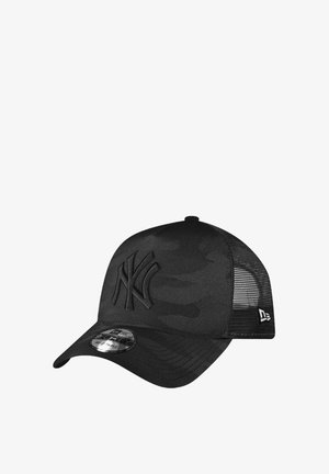 Black cap with a camouflage texture, featuring an embossed NY logo, mesh back, and a curved bill. Includes a round logo sticker on the brim.