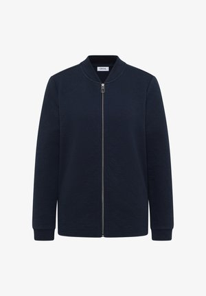 Navy zip-up jacket with a textured surface, standalone collar, and long sleeves. Features a front zipper and minimalistic design.