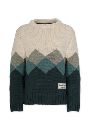 Gruby sweter na drutach z wzorem diamentowym w kolorach kremowym, szarym, niebieskim i ciemnozielonym, z okrągłym dekoltem i małą prostokątną metką na przednim dolnym brzegu.