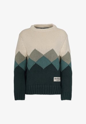 Maglione a maglia grossa con motivo a rombi in crema, grigio, blu e verde scuro, con scollatura rotonda e una piccola etichetta rettangolare sull'orlo frontale.