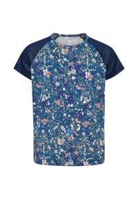Blomstrande t-shirt med kort ärm i marinblå bas, med ett flerfärgat blommönster. Mjuk tyg med avslappnad passform och rundad halsringning.