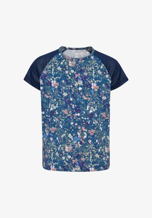 Blusenshirt mit kurzen Ärmeln und navyblauem Grundton, das ein mehrfarbiges Blumenmuster zeigt. Weicher Stoff mit lockerer Passform und rundem Ausschnitt.