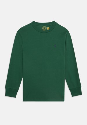 Maglia verde a maniche lunghe con collo a giro, piccolo logo ricamato sul petto sinistro e polsini a coste.