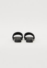 Black sandals with a smooth texture, open back, and curved straps, featuring a flat sole. No distinct patterns or hardware visible.