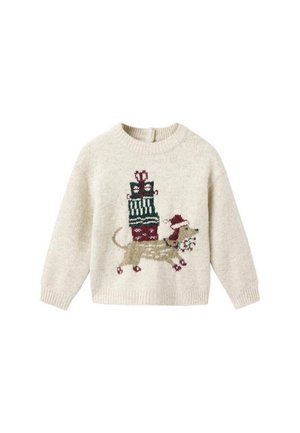 Pull en tricot ivoire avec des manches longues, mettant en avant un chien brun portant des cadeaux. Les détails remarquables incluent des couleurs festives et des motifs sur le design.