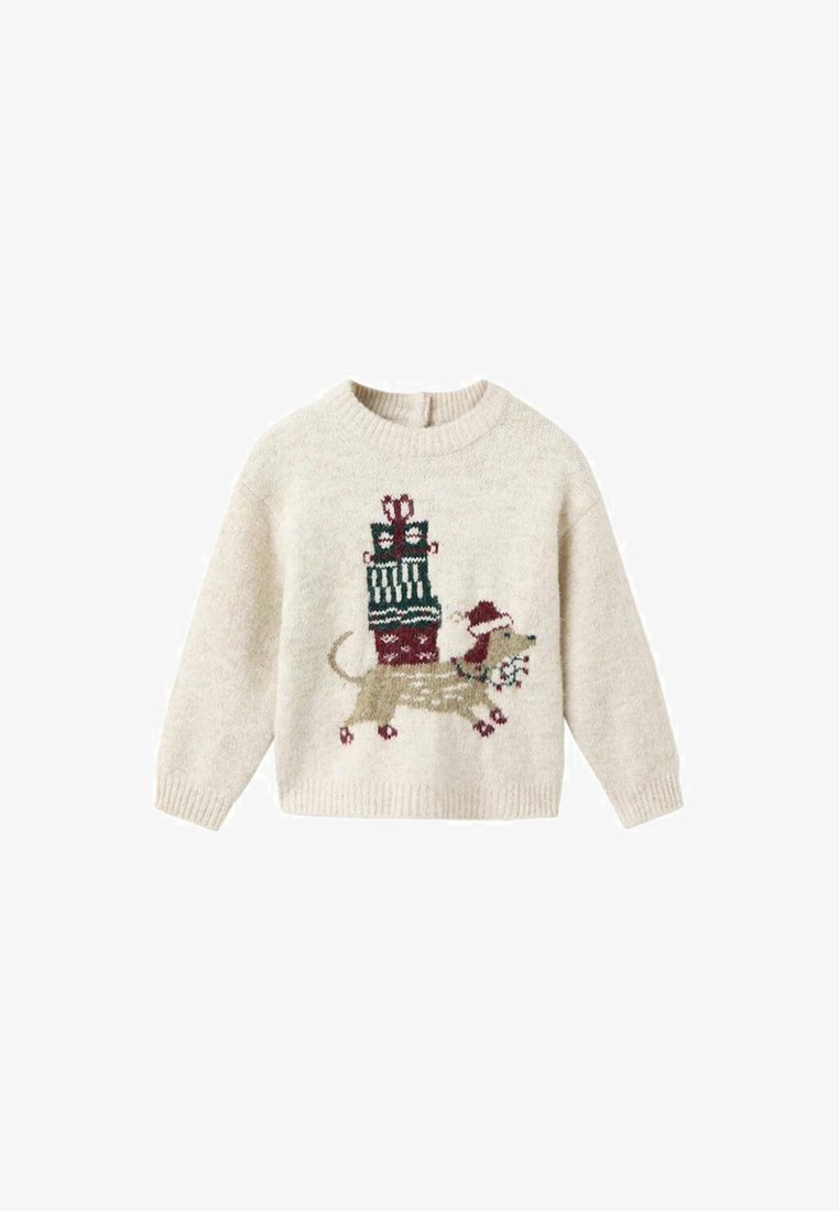 Ivory knit sweater with long sleeves, featuring a brown dog carrying gifts. Notable details include festive colors and patterns on the design.