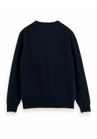 Donkerblauwe trui met lange mouwen, geribbelde manchetten en onderrand. Heeft een ronde halslijn en een contrasterende gele accent aan de onderrand.