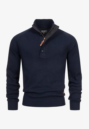 Marineblauer Strickpullover mit hohem Kragen, halbem Reißverschluss, zwei Knöpfen, gerippten Bündchen und Saum. Verfügt über einen kontrastierenden Stoff am Kragen.