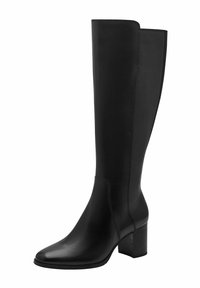 Knee-high black leather boot with a pointed toe and a chunky heel. Smooth texture and minimal stitching details.