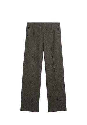 Tmavě šedé kalhoty s širokými nohavicemi vyrobené z texturované látky, s dvěma bočními kapsami a hladkým předním skladem. Jednoduchý, přizpůsobený design.