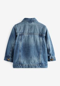 Denim-takki keskisinisessä sävyssä, jossa on klassinen kaulus, napilliset hihansuut ja hieman kulunut pinta. Takissa on takaselkäosa ja sivusaumat.