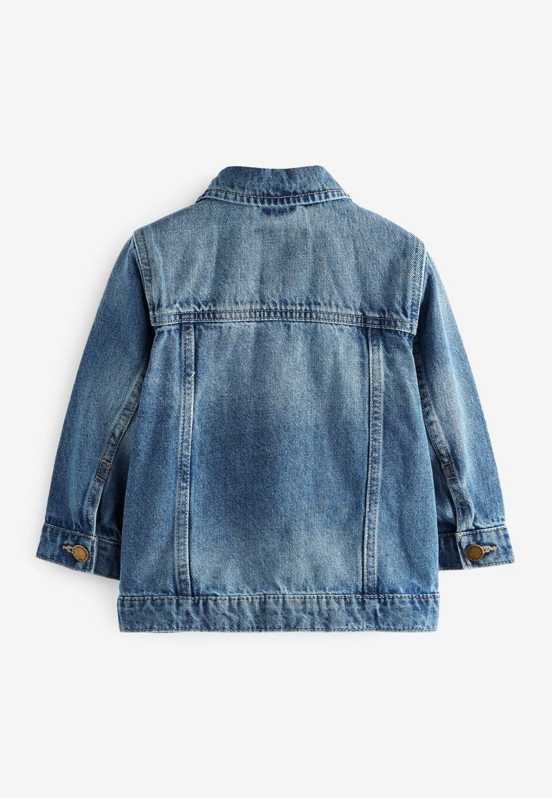 Denim-takki keskisinisessä sävyssä, jossa on klassinen kaulus, napilliset hihansuut ja hieman kulunut pinta. Takissa on takaselkäosa ja sivusaumat.