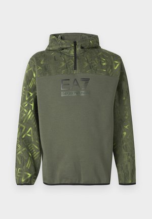 Hooded sweatshirt in olive green with black accents, front half-zip, textured pattern on sleeves, featuring EA7 logo chest print.