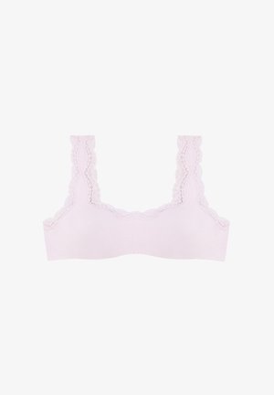 Soutien-gorge viola con bordo in pizzo scallop lungo le spalline e i bordi, realizzato in un tessuto liscio e elastico, senza ferretto né dettagli.
