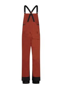 Pantalones de tirantes impermeables rojos con acentos negros, correas ajustables, múltiples bolsillos y piernas inferiores reforzadas para mayor durabilidad y funcionalidad.