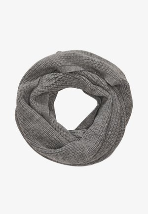 Écharpe infinie tricotée gris clair avec un motif côtelé texturé, formant une boucle continue sans attaches, offrant une apparence chaude et confortable.