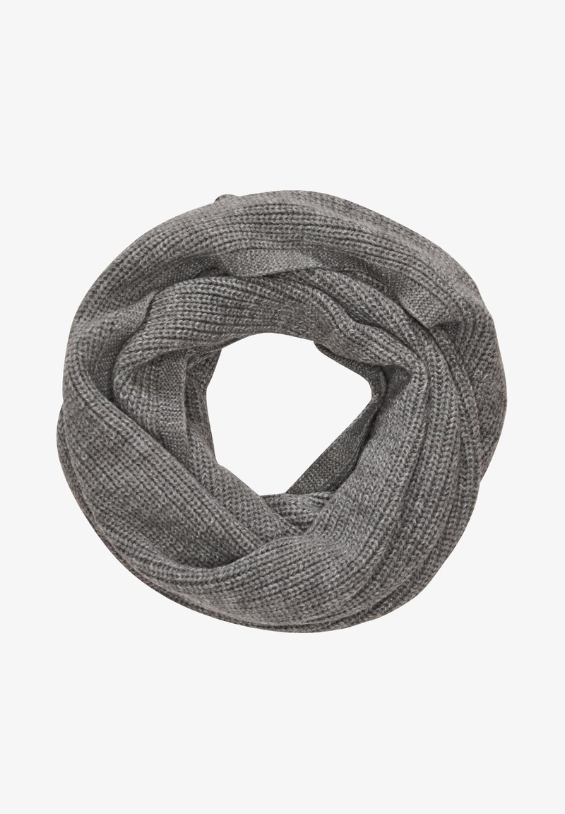 Écharpe infinie tricotée gris clair avec un motif côtelé texturé, formant une boucle continue sans attaches, offrant une apparence chaude et confortable.