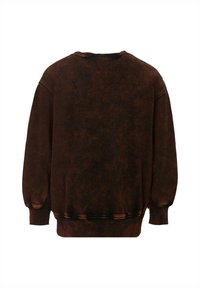 Sweatshirt marrone oversize con un aspetto testurizzato e leggermente sbiadito. Presenta un collo e polsini a costine. Senza grafiche o decorazioni.