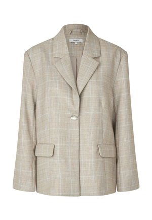 Beigenruudullinen bleiseri, jossa yksittäinen nappikiinnitys, notkilapelit, kaksi etutaskua ja jämäkät olkapäät. Karkea kangas, räätälöity istuvuus.